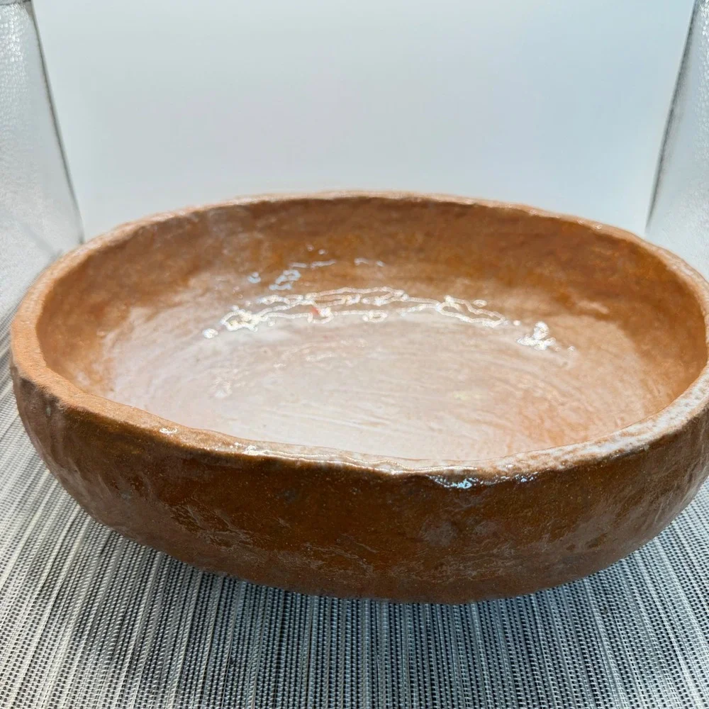 Signed Studio Pottery Terracotta Bowl Handcrafted Rustic Organic 12 inch Brown
